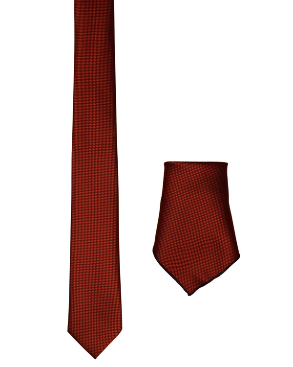 Fein gemusterte Krawatte mit Einstecktuch in Dunkelrot